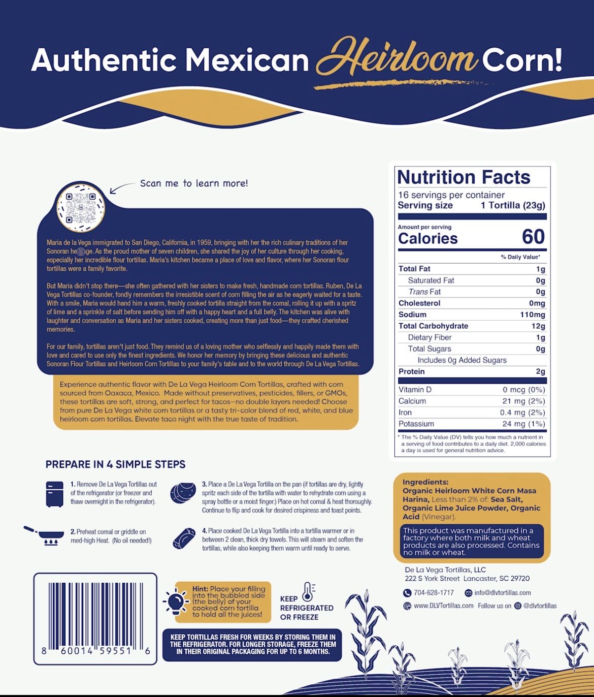 De La Vega Fresh White Heirloom Corn Tortillas